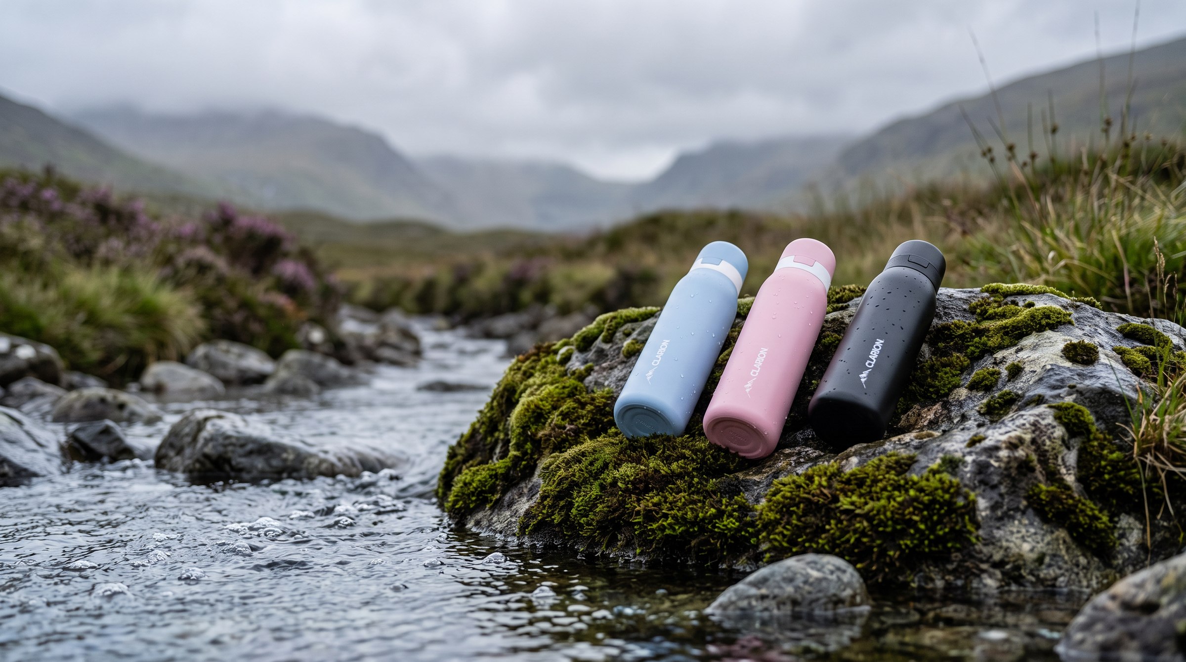 Blue, pink, and black Clarion Bottles resting on a mossy rock beside a Scottish Highland stream